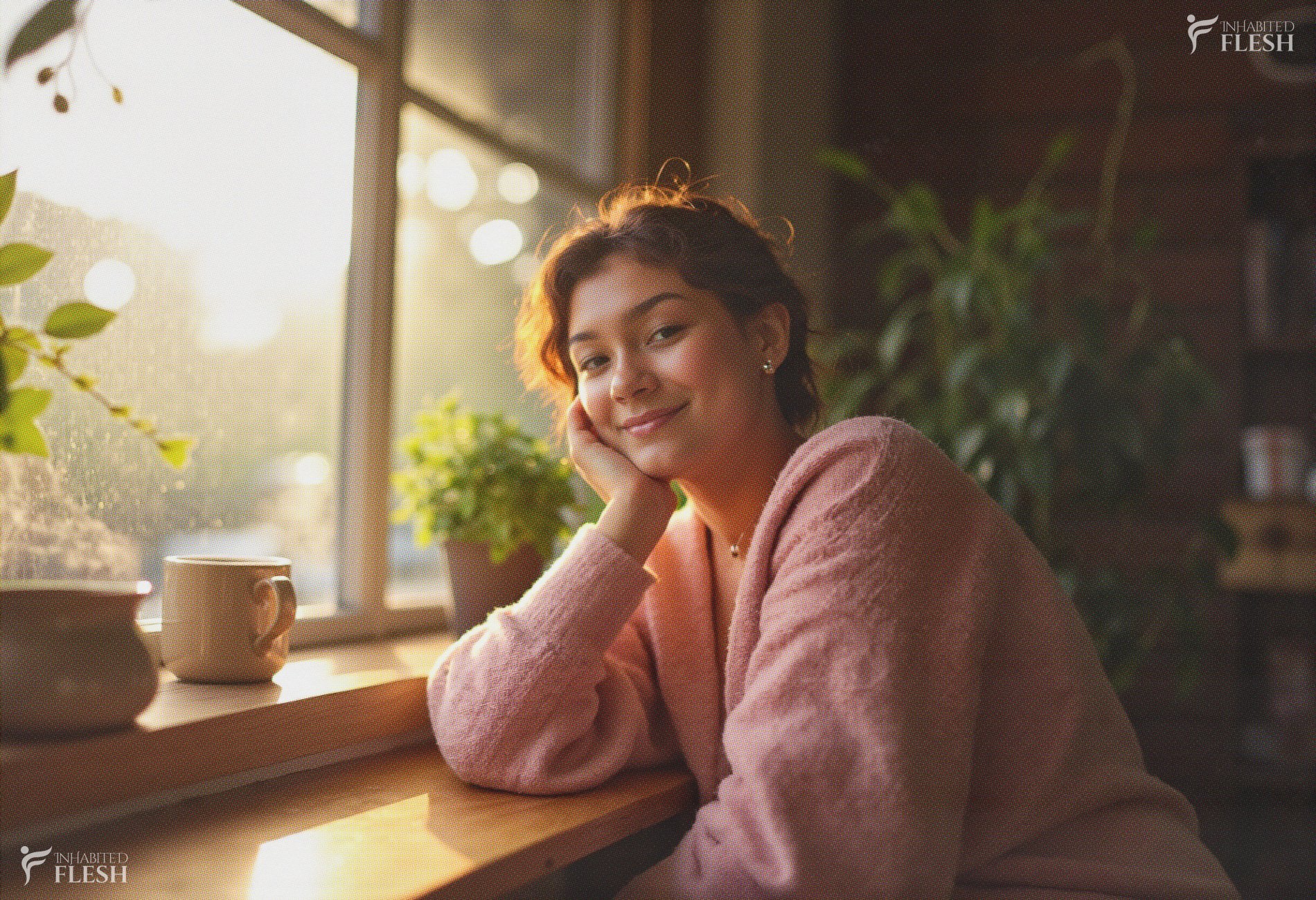 A young woman of Asian descent, wearing a pink sweater, rests her elbow on a wooden shelf table and smiles warmly at the camera. The setting is a cozy indoor space with natural light streaming through a window, featuring potted plants and a relaxed atmosphere.