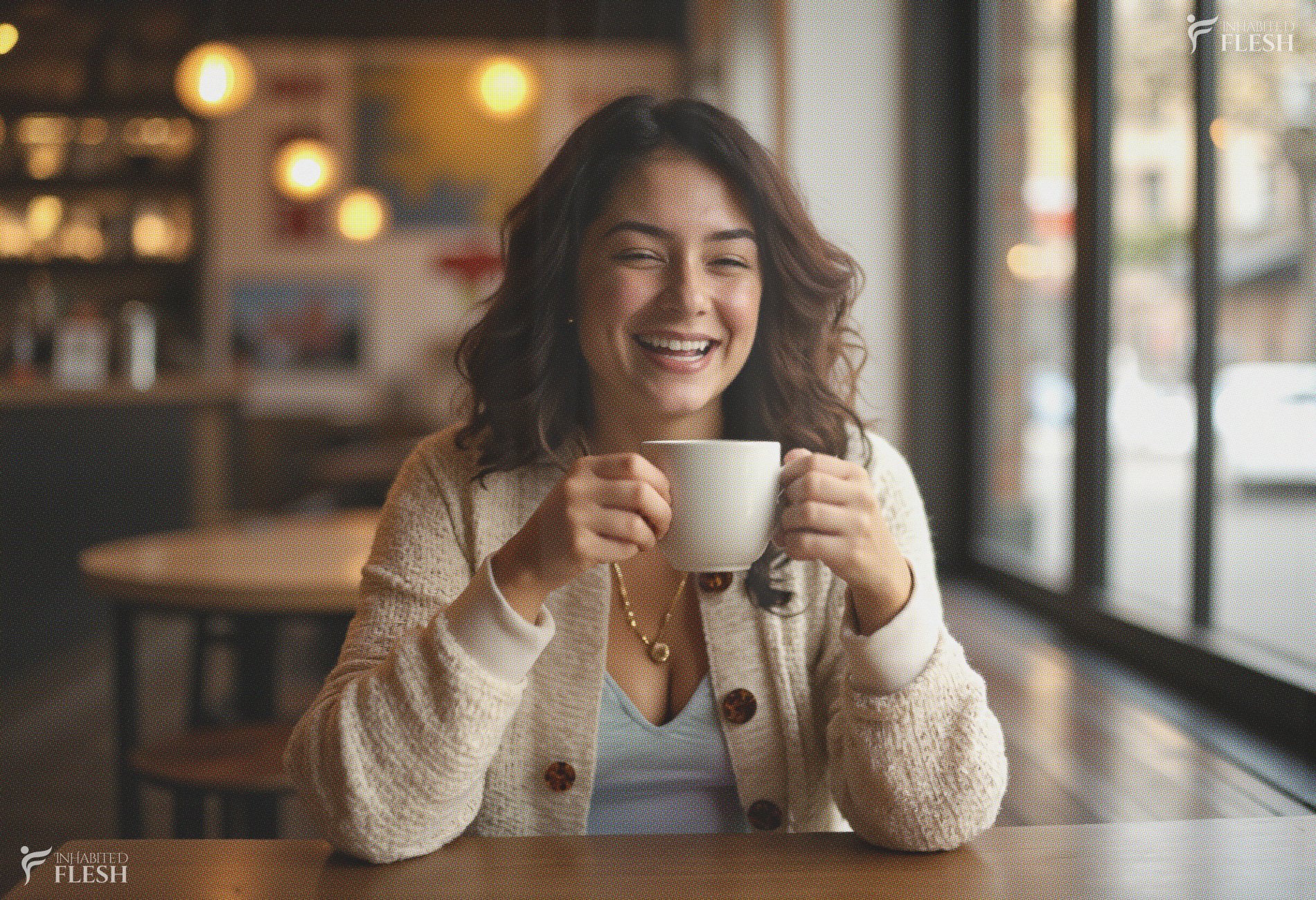 A young woman with curly hair, smiling brightly while holding a white coffee cup. She appears to be in her late twenties and is of Asian descent. She is wearing a light-colored cardigan over a blue top and a necklace. The setting is a cozy café with large windows, allowing natural light to fill the space. The woman is seated at a wooden table, and the background shows a bar area with shelves and some artwork on the wall. The atmosphere is relaxed and pleasant, suggesting a casual and enjoyable moment.