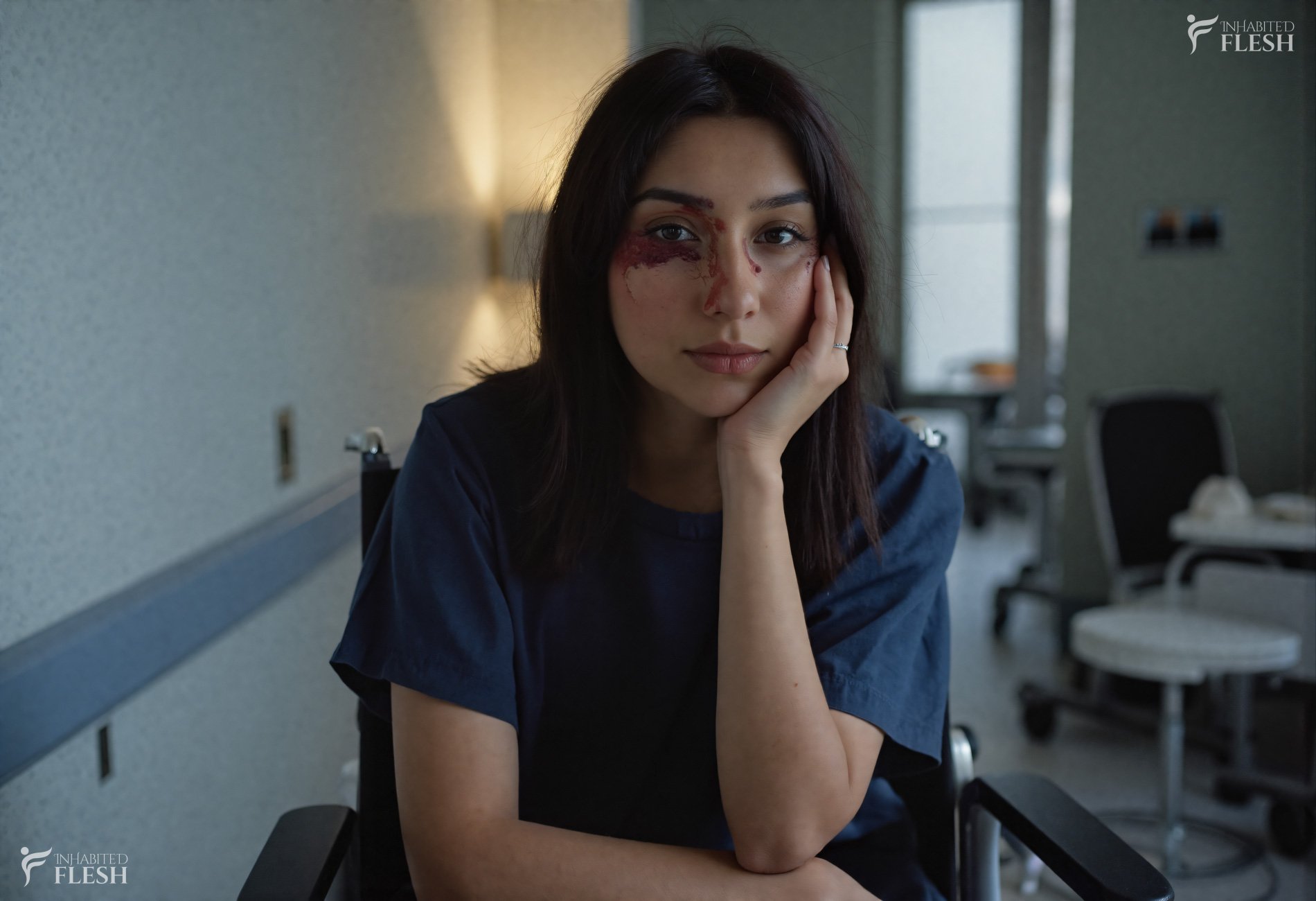 A young woman with long dark hair, wearing a dark blue gown. She appears to be in a medical setting, as indicated by the chairs and equipment in the background. The woman has visible injuries on her face. Her expression is serious and somewhat pensive, with her hand resting on her cheek. The setting appears to be indoors at a hospital, with natural light coming from a window in the background. The overall atmosphere is somber and reflective.