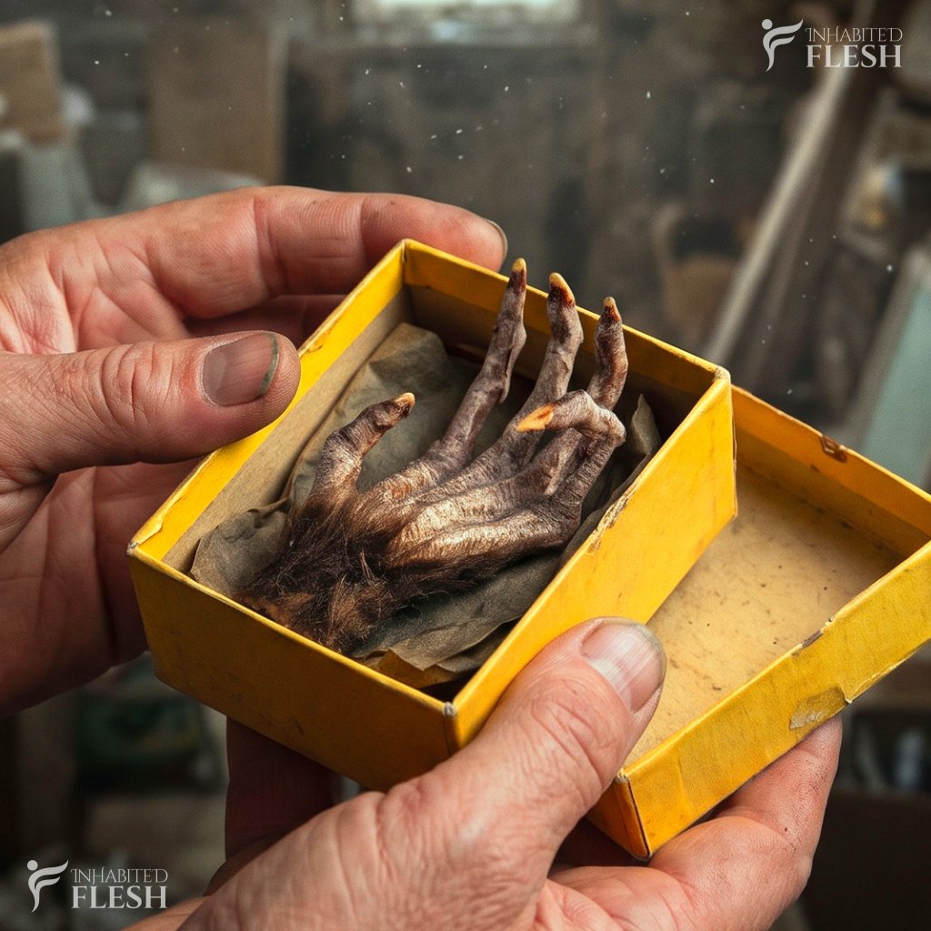 Close-up of a man's hands holding a small yellow box containing a strange, clawed paw. The setting appears to be a cluttered workshop or garage, with various dusty boxes in the background.