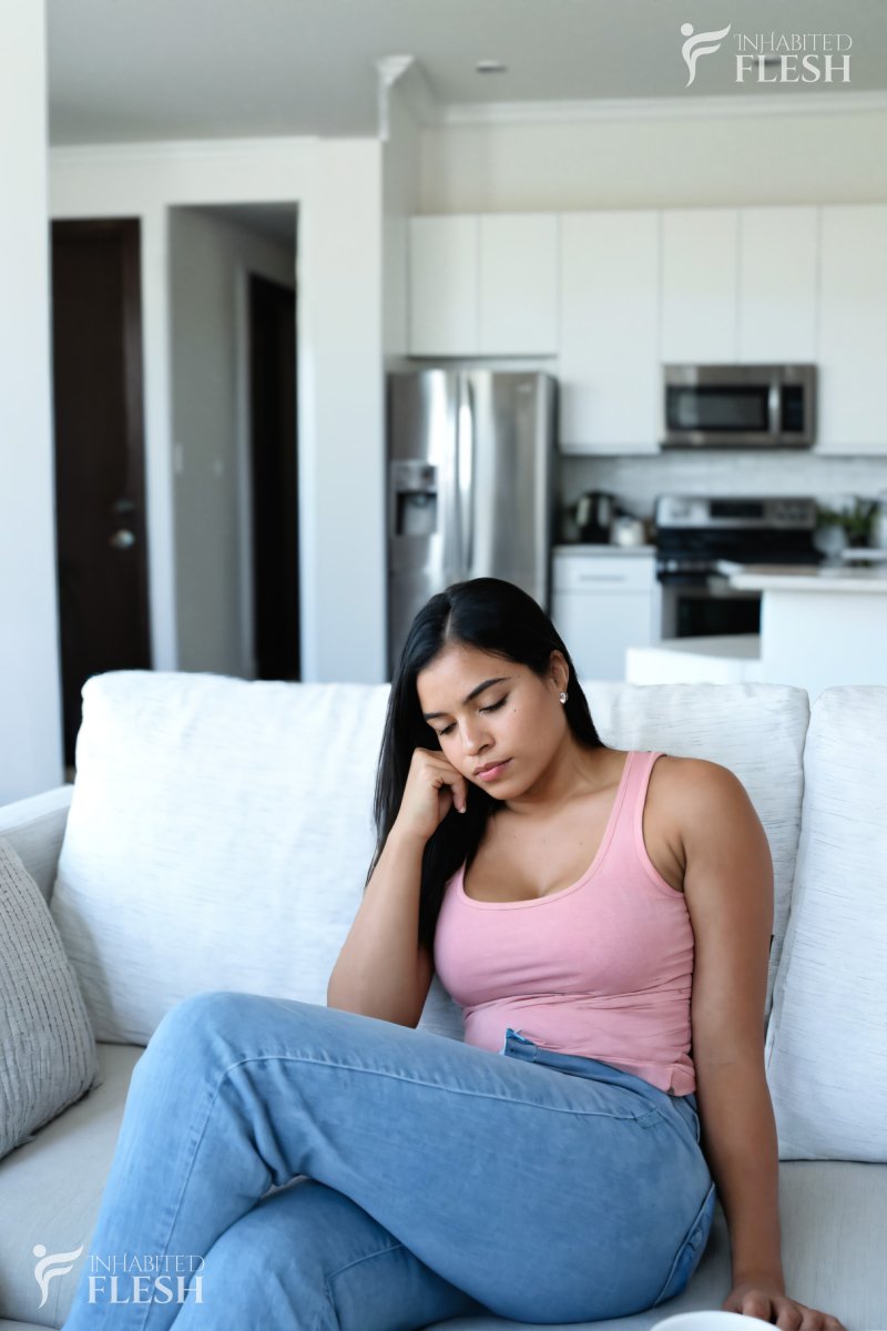 A young woman of Latin descent, wearing a pink tank top and denim jeans, sits on a living room sofa with a melancholic expression, her hand resting on her chin.