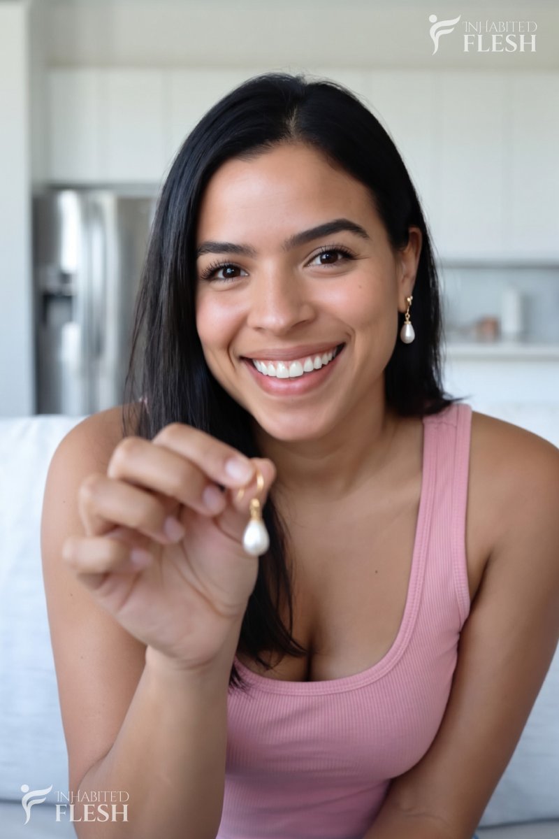 A young woman of Latino descent, wearing a pink tank top and blue jeans, smiles warmly as she leans forward on a sofa, holding up a pearl earring for the viewer to see.