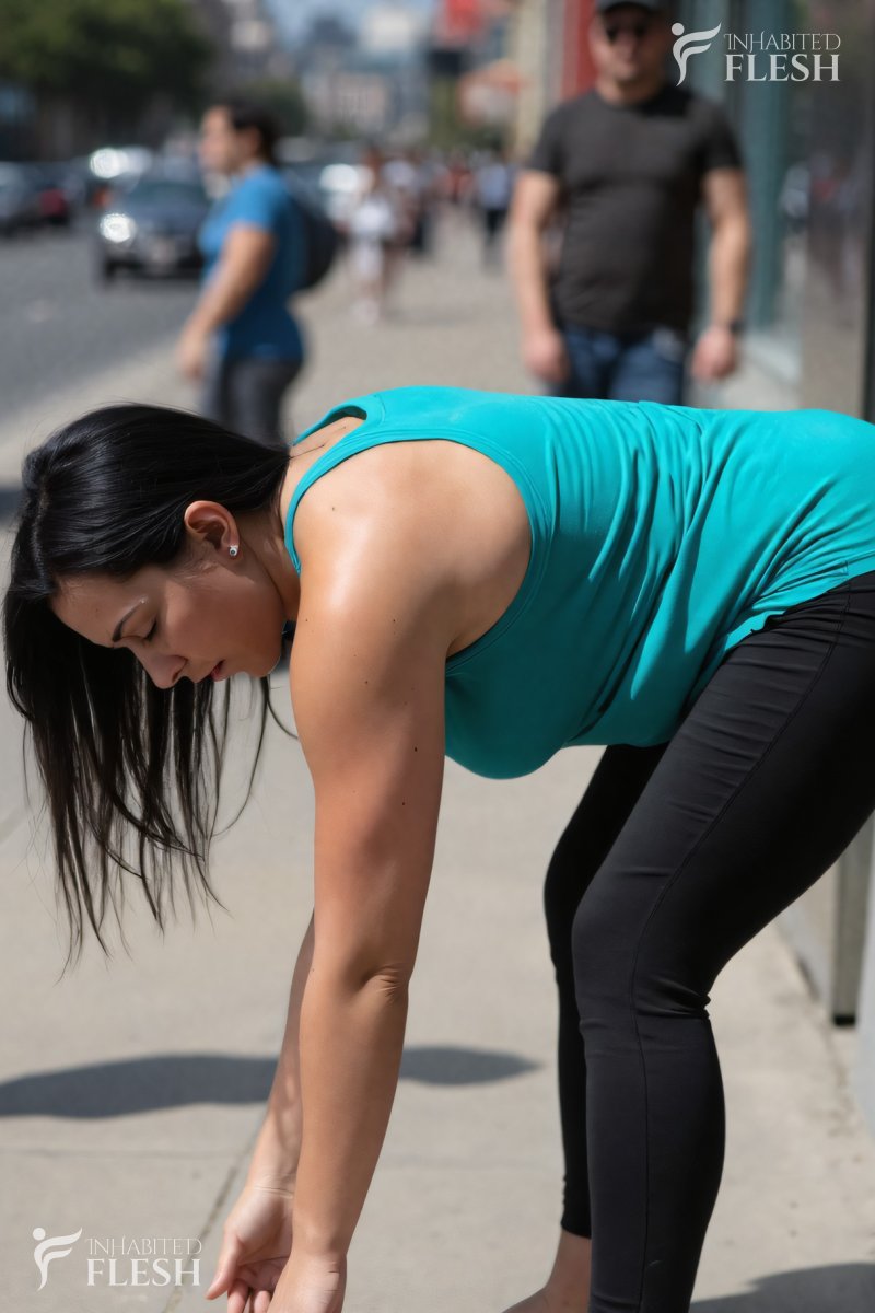 A woman with a slight build, wearing a teal tank top and black yoga pants, is bent over, reaching down, in an urban outdoor setting on a sunny day.