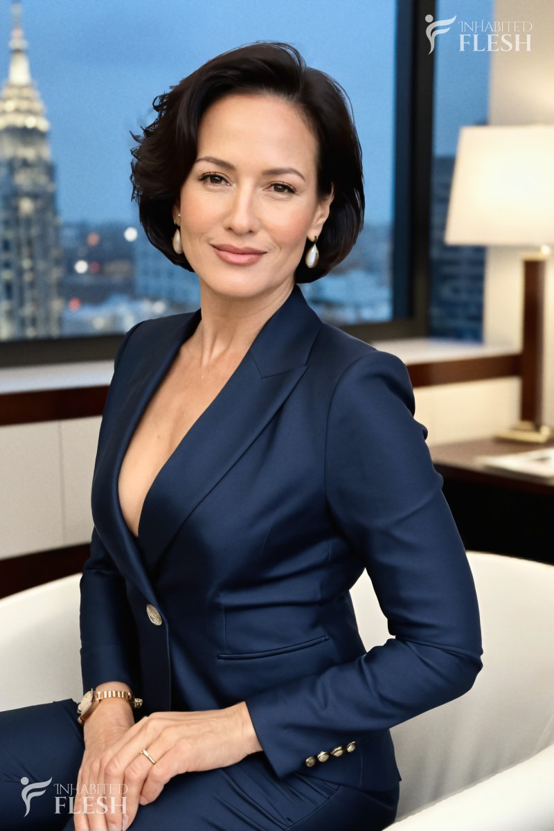 A middle-aged woman with short dark hair, wearing an elegant navy blue suit, sits confidently in a modern office setting. She is adorned with a watch and earrings, and her expression is calm and composed. The background features a cityscape with a prominent building, suggesting an urban environment. The setting is well-lit, indicating daytime.