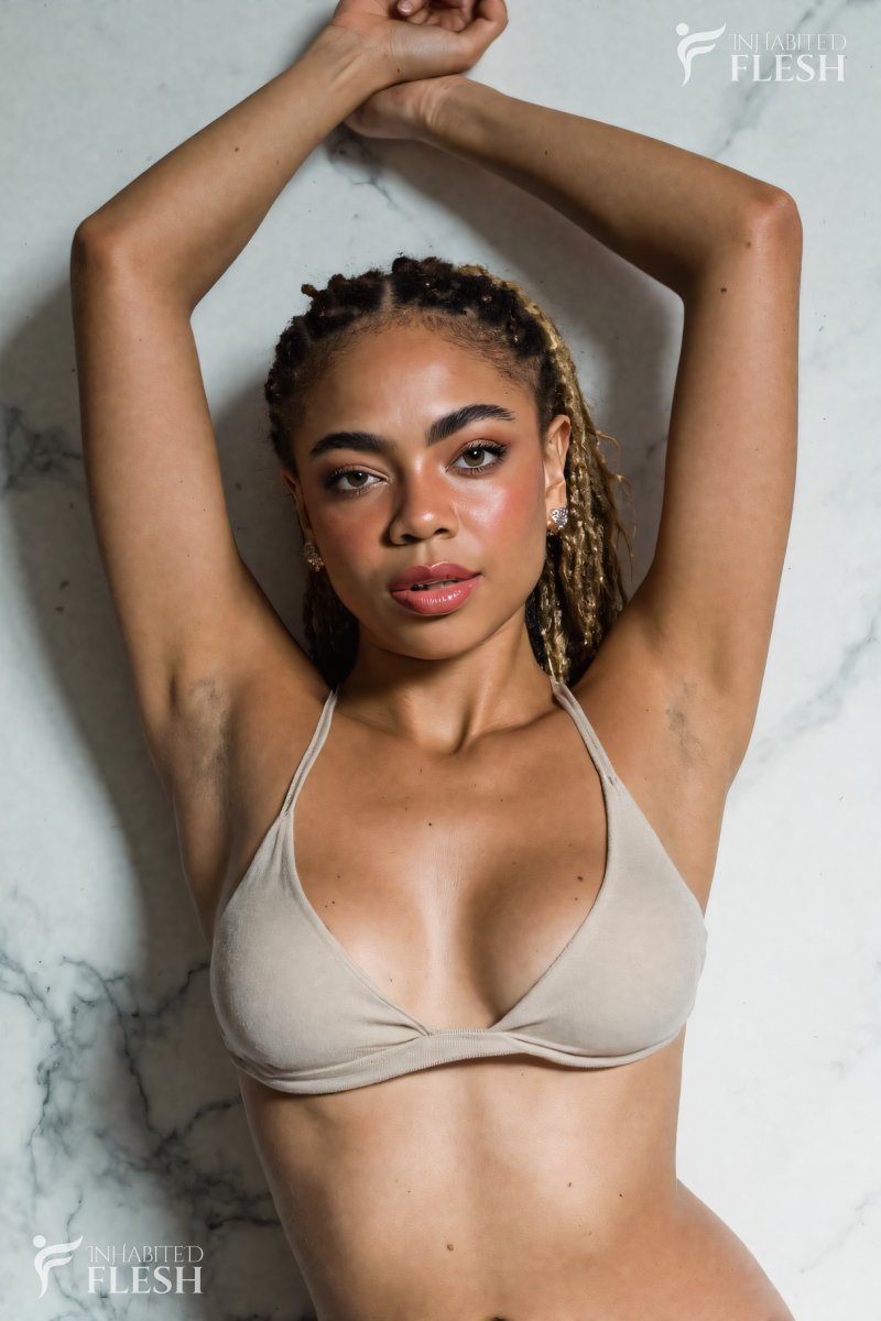 young Woman with hands up against a marble wall wearing simple underwear
