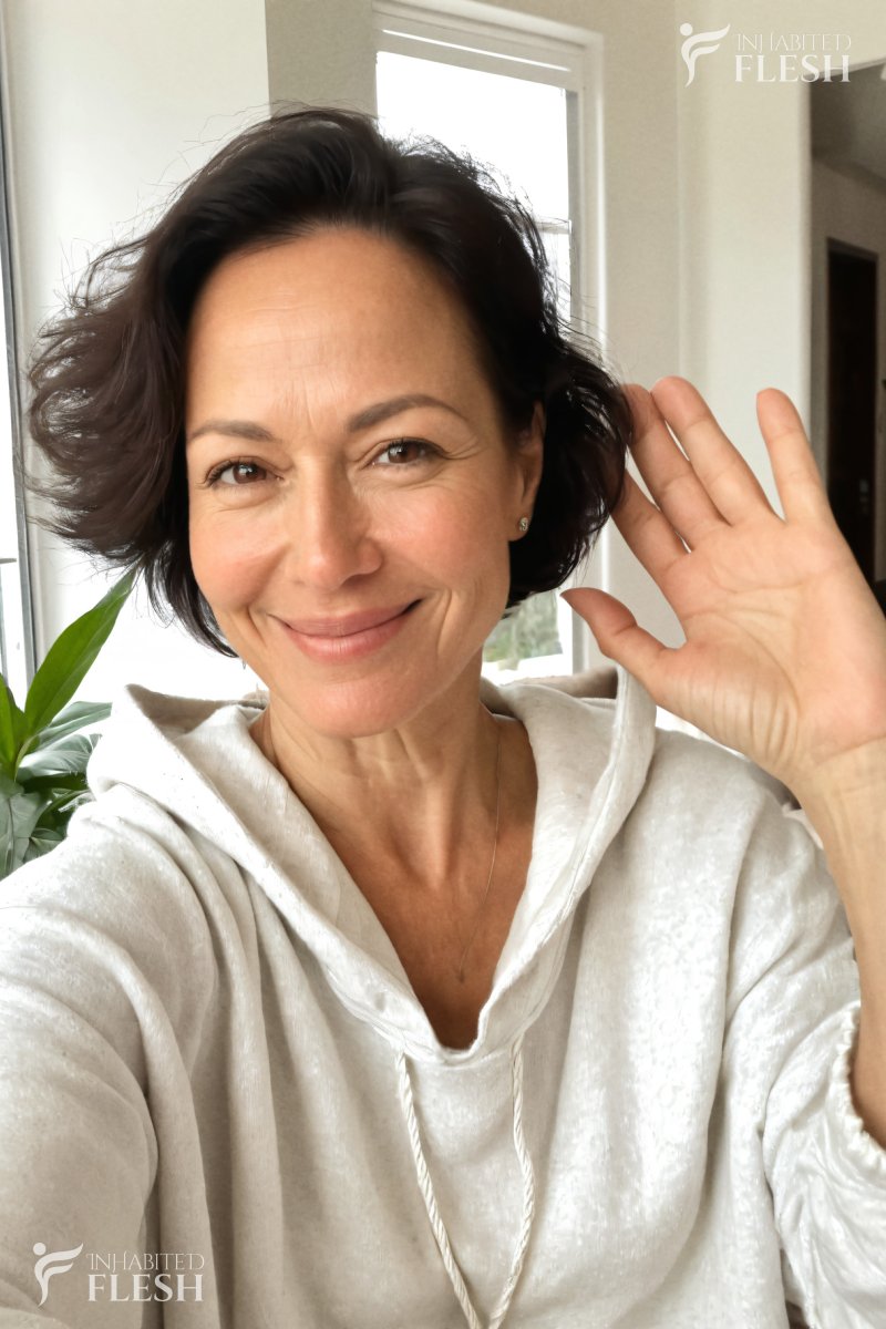 A middle-aged woman with a warm smile and waving hand, wearing a white hoodie, captured in a cozy indoor setting with natural light streaming through a window.