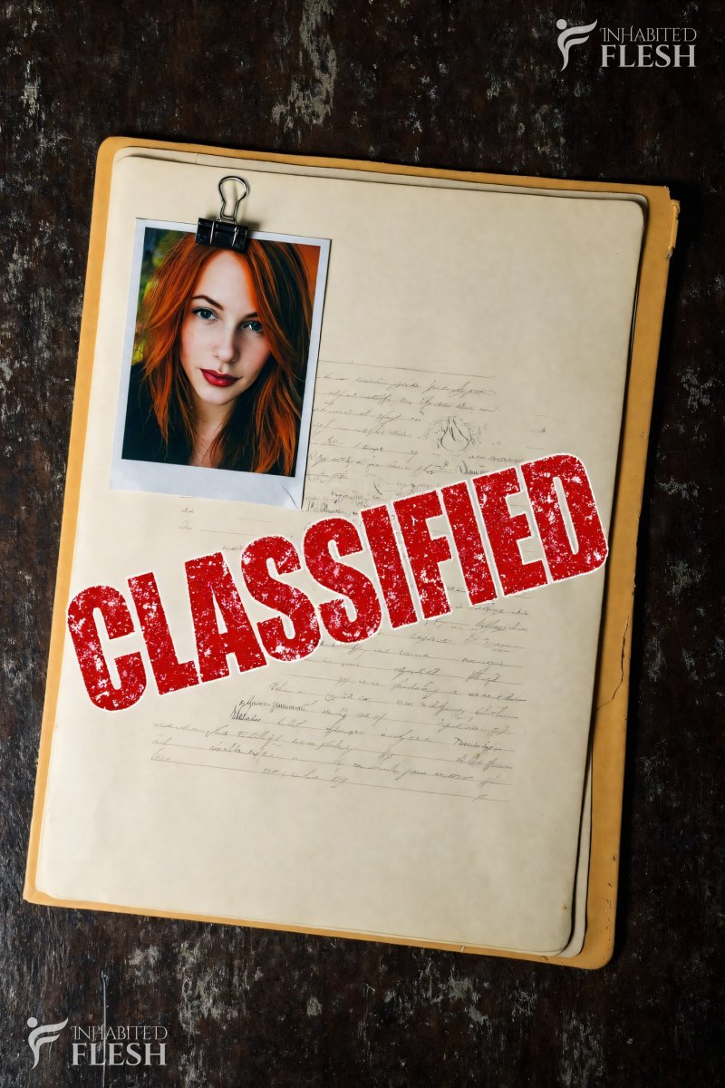 The image depicts a Polaroid photo of a young woman with long, reddish-brown hair, wearing a dark top. She has a neutral expression and is standing against a dark, textured background. The photo is clipped to a yellow folder with handwritten notes, and the word "CLASSIFIED" is stamped in red across the folder.