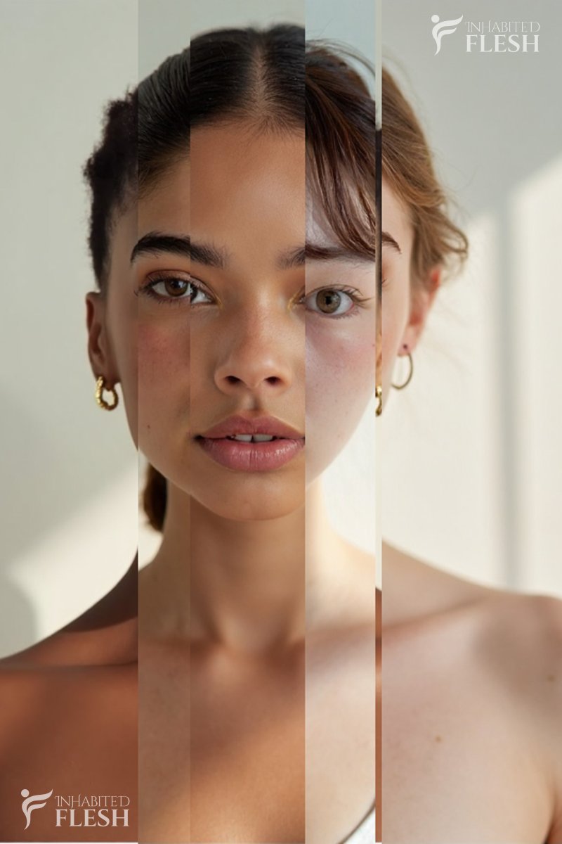 A vertical collage of different women, each sliced into vertical sections, showcasing a variety of expressions and poses. The women appear to be in their 20s and 30s, with diverse races and ethnicities. Some are wearing earrings, while others are bare. Their expressions range from neutral to slightly playful. The setting appears to be indoors, with soft, natural lighting, possibly in a studio or a well-lit room.