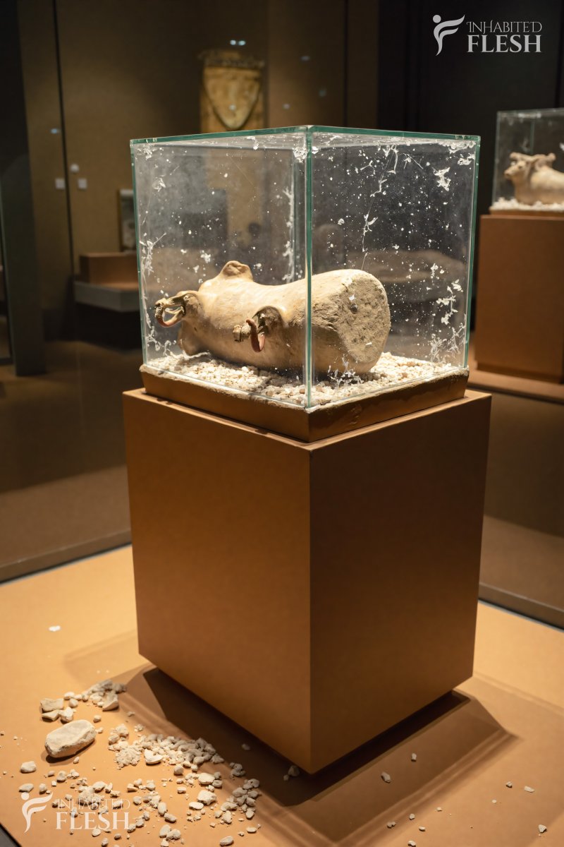 A museum exhibit featuring a broken glass enclosure containing an empty sculpture base, with scattered debris around the base, set against a backdrop of other exhibits and museum lighting.
