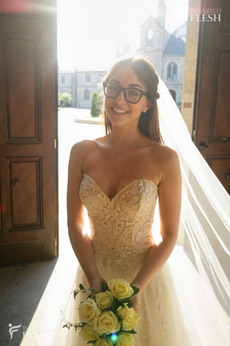 A young woman, likely in her late teens or early twenties, with light brown hair and glasses. She appears to be of Caucasian descent and is wearing a strapless, intricately detailed wedding dress with a lace bodice and a flowing veil. She is holding a bouquet of yellow roses and is standing in front of an open wooden door, with a church or cathedral visible in the background. The setting is bright and sunny, suggesting it is daytime. The woman is smiling and appears to be in a joyful and excited state.