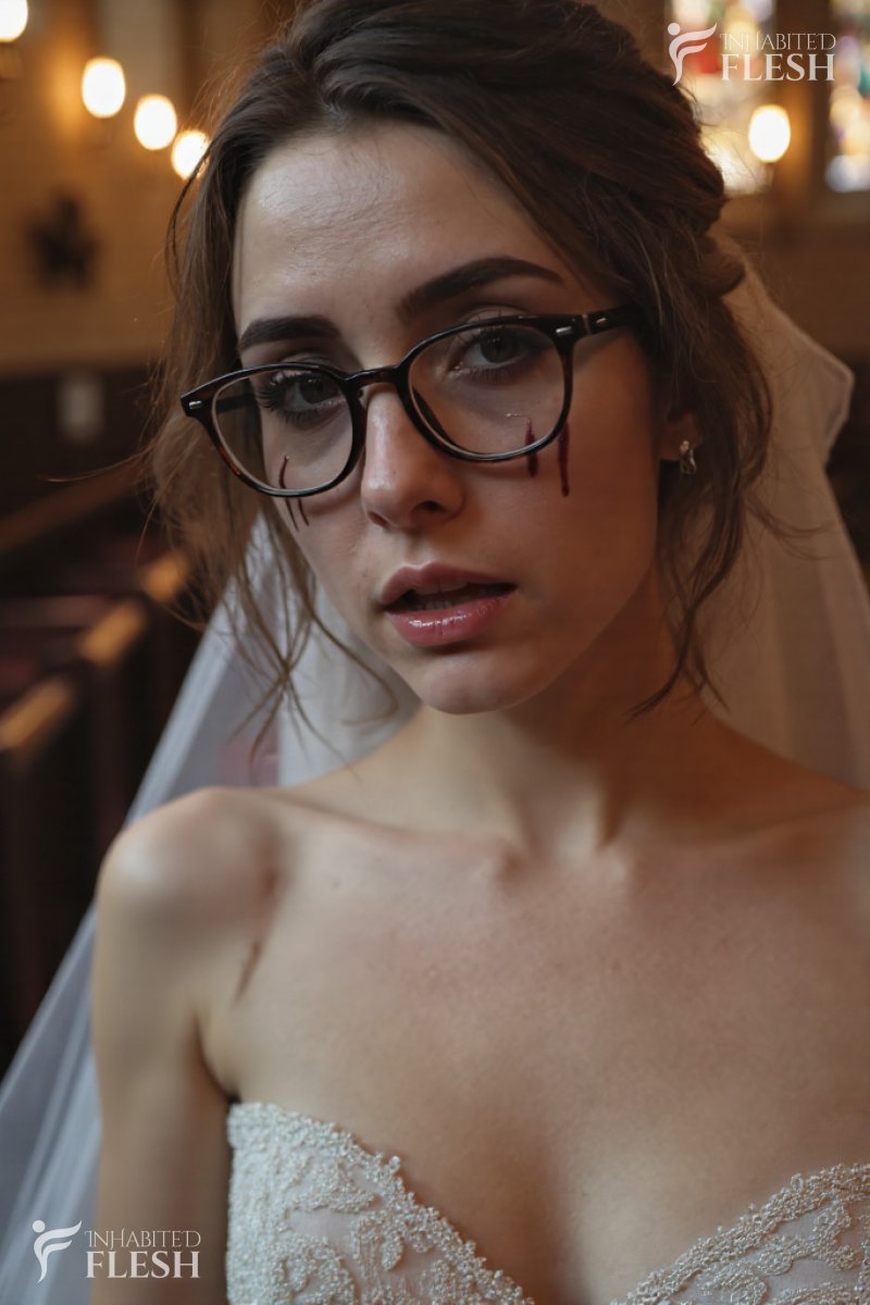 Close-up of a young bride with an angry and sad expression, her makeup running down her cheeks, wearing a white strapless wedding dress with intricate lace details, set against a softly lit, church-like background with stained glass windows.