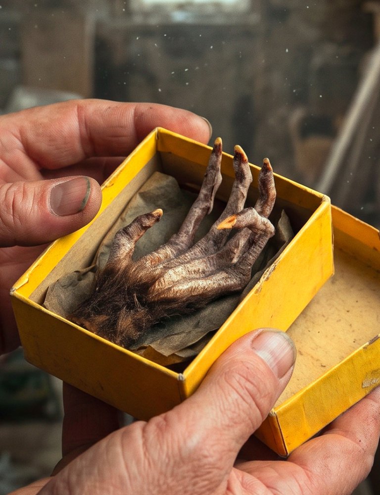 Close-up of a man's hands holding a small yellow box containing a strange, clawed paw. The setting appears to be a cluttered workshop or garage, with various dusty boxes in the background.