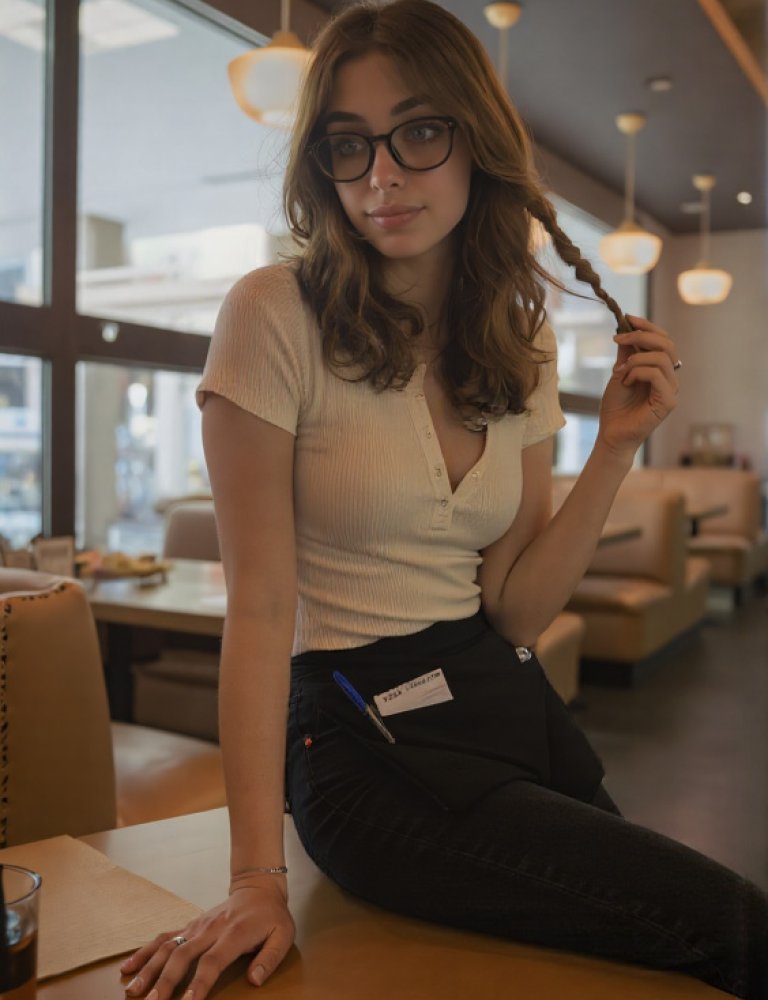 A young female waitress, wearing glasses and a beige top, sits coquettishly at a table, curling her hair with one hand. She appears relaxed and confident, with a slight smile. The setting is a modern café with large windows, wooden tables, and hanging pendant lights, suggesting a casual and inviting atmosphere.